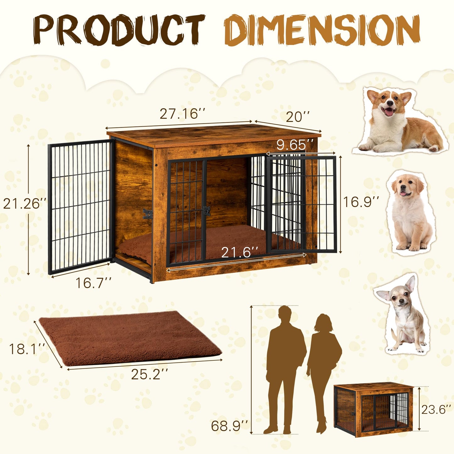 Bigrab Dog Crate Furniture with Thick Cushion, Side End Table Wooden Dog Cage with Double Doors, Chew-Resistant Dog Kennel Dog House Indoor for Small to Large Dog, S