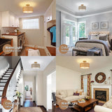 CLARSYNE 13" Woven Rattan Boho Ceiling Light Fixture, 3-Light Modern Semi Flush Mount Lamp with Drum Fabric Shade, Rustic Brown Lighting for Bedroom, Dining Room, Living Room, Hallway, Entryway CLARSYNE