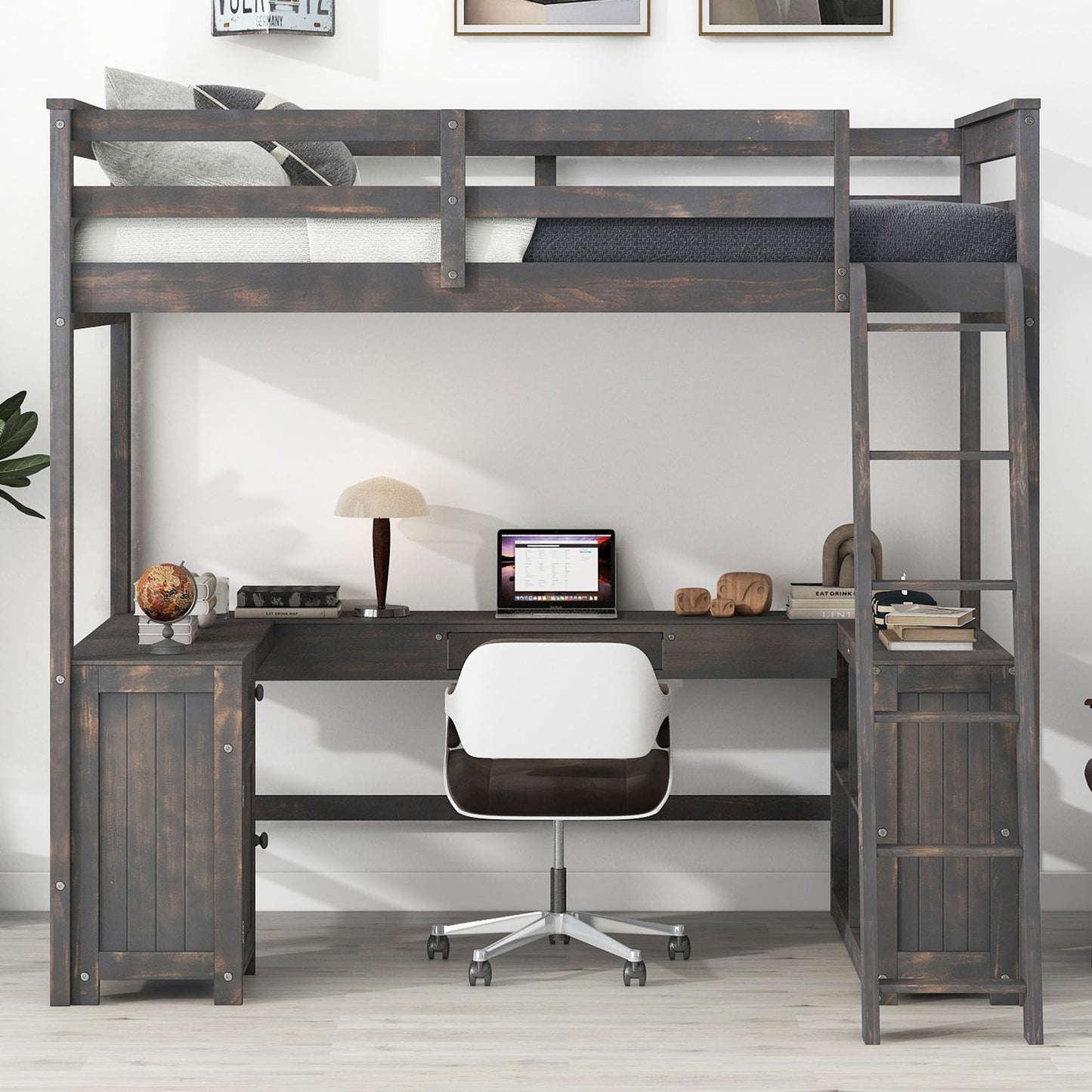 MiHunnor Antique Brown Full Size Loft Bed with U-Shaped Desk and Storage Solutions - WoodArtSupply