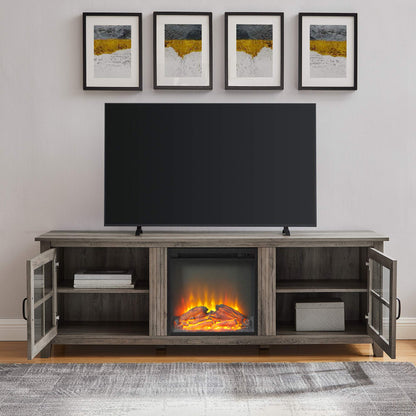 Walker Edison Bern Classic 2 Glass Door Fireplace TV Stand for TVs up to 80 Inches, 70 Inch, Grey Wash