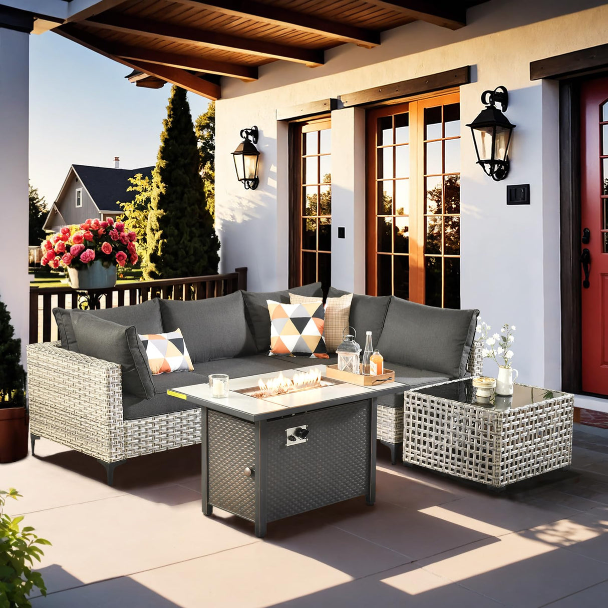 Outdoor Sectional Patio Furniture Set with Fire Pit Table and Glowing Table,6 Pieces Wicker Conversation Sets L Shaped Couch Out Door Sofa Set Outside Furniture for Garden Deck Yard,Black POUUIN