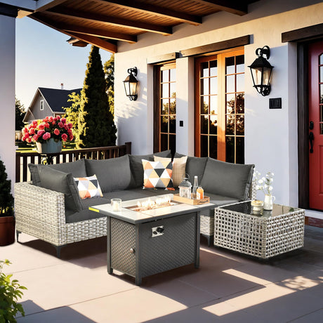 Outdoor Sectional Patio Furniture Set with Fire Pit Table and Glowing Table,6 Pieces Wicker Conversation Sets L Shaped Couch Out Door Sofa Set Outside Furniture for Garden Deck Yard,Black POUUIN