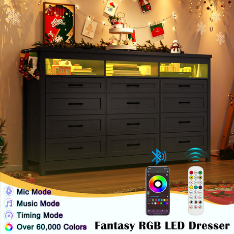 Hlivelood Farmhouse 12 Drawer Dresser with LED Lights, 71" Wide Large Chest of Drawers for Bedroom, Modern Wood Dresser Storage Organizer with Charging Station for Living Room, Bedroom, Hallway, Black Hlivelood