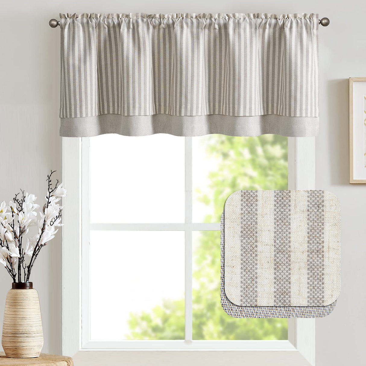 jinchan Linen Valance Curtain Striped Valance for Windows 18 Inch Blackout Kitchen Curtain Farmhouse Double Layer for Living Room Ticking Rod Pocket 1 Panel Taupe Grey on Linen jinchan