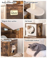 FourFurPets Multipurpose Litter Box Enclosure, Cat Tree and Condo, Side Table, with Large Platform, Cat House, Full Sisal Posts, Removable Washable Cushion, Rustic Brown FourFurPets