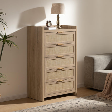 SICOTAS Dresser for Bedroom Chest of Drawers 46" Tall Dresser for Closet with 5 Rattan Drawers Boho Night Stand Large Clothes Storage Cabinet for Living Room Hallway Nursery Entryway SICOTAS