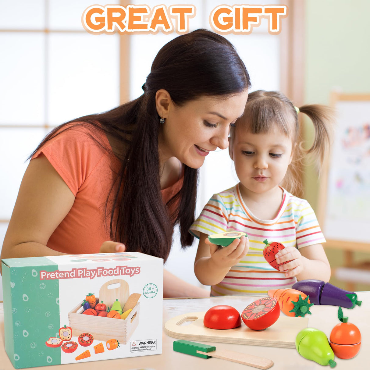 Wooden Play Food for Toddlers, Velcro Fruit and Veggies Cutting Set for Kids, Pretend Food Play Kitchen Accessories for 3 4 5 6 7 Years Old Boys & Girls WOODMAM