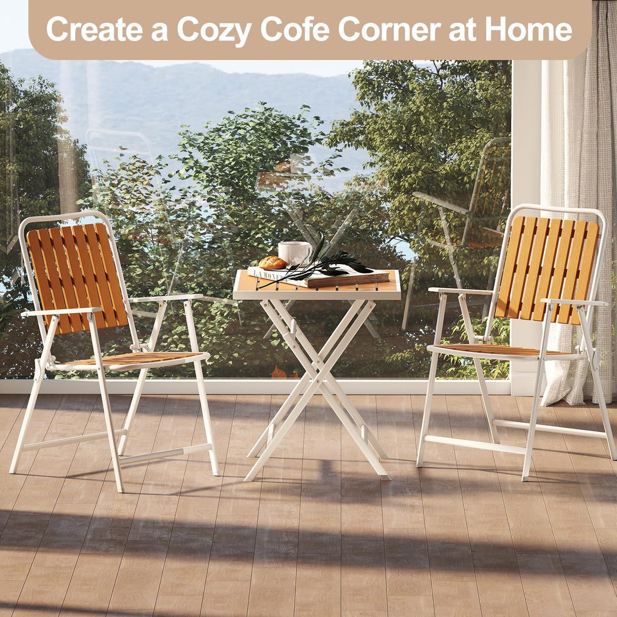 Aug-guan 3 Piece Outdoor Bistro Set with Yellow Wood-Look Tabletop, Patio Table and Chairs Set of 2, Folding Small Balcony Furniture for Garden, Deck, Porch, Outdoor Bistro Patio Set Aug-guan