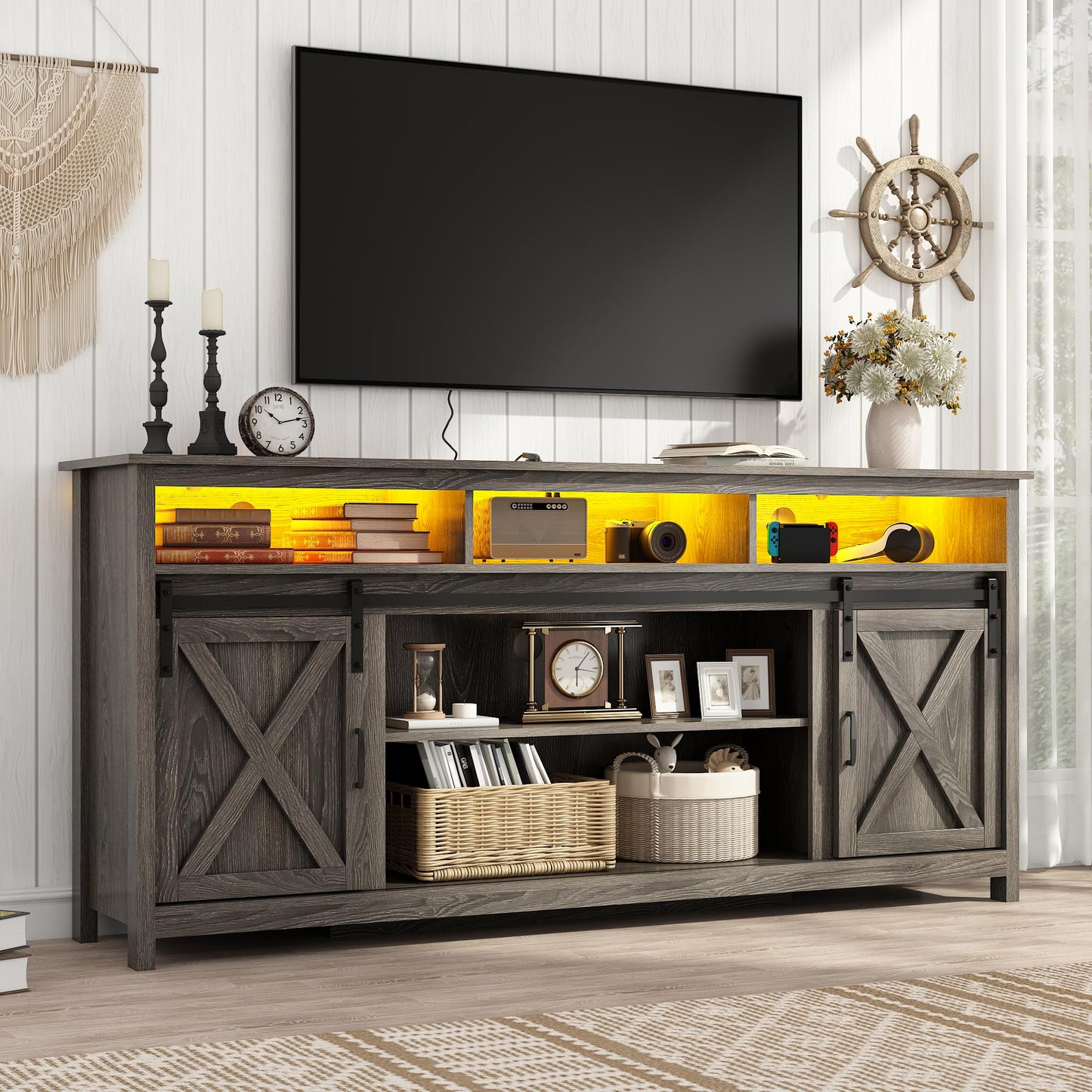 Vinctik 6&Fox 70in Wooden Farmhouse Entertainment Center for 80/75 inch TV,Double Layer Storage Farmhouse TV Stand,Double-Row Sockets with Wood Sliding Barn Door TV Stand(Double Layer Grey Wash)