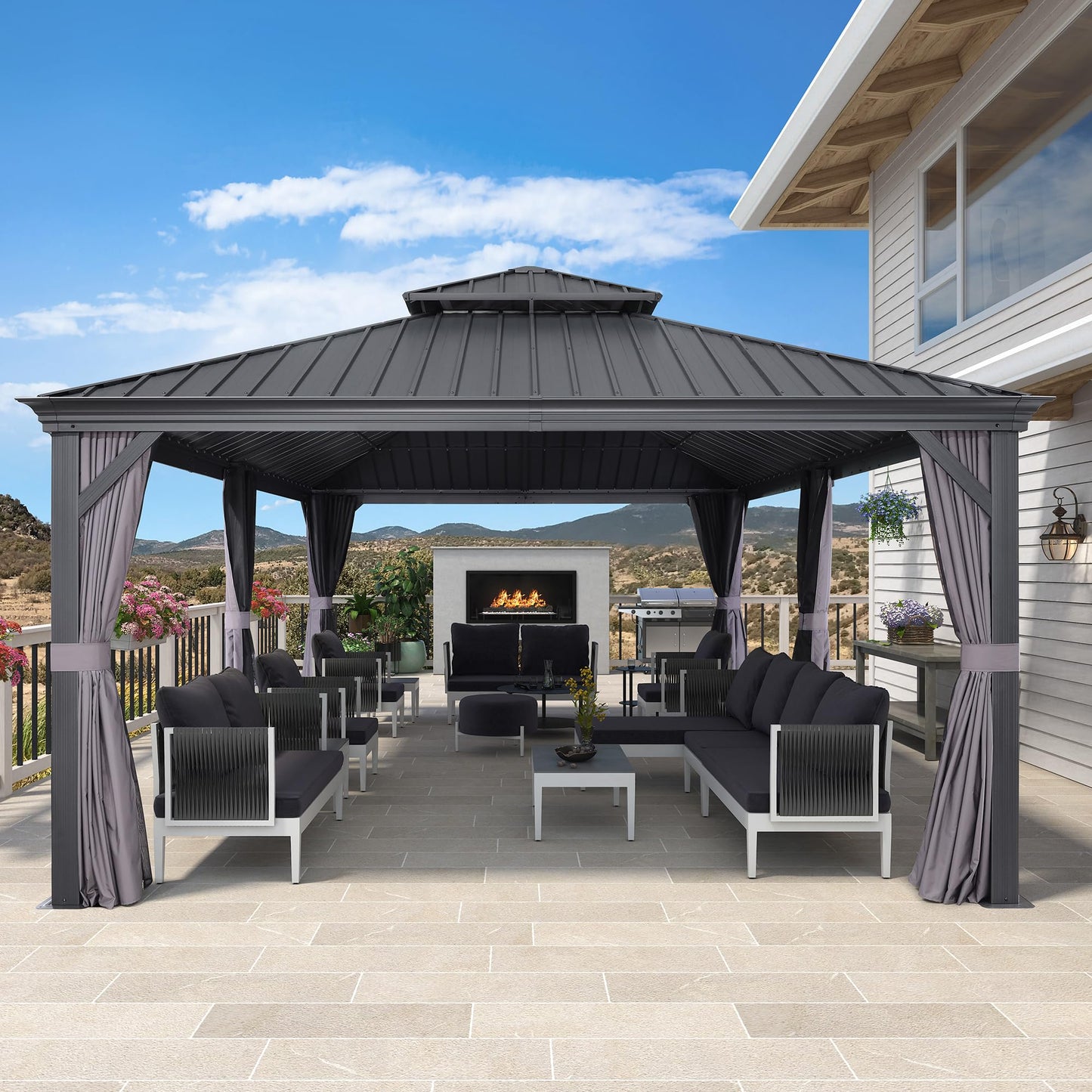 PURPLE LEAF 12' X 24' Large Gazebo with Galvanized Steel Double Roof Outdoor Patio Gazebo for Lawn and Garden Permanent Hardtop Gazebo Grey - WoodArtSupply