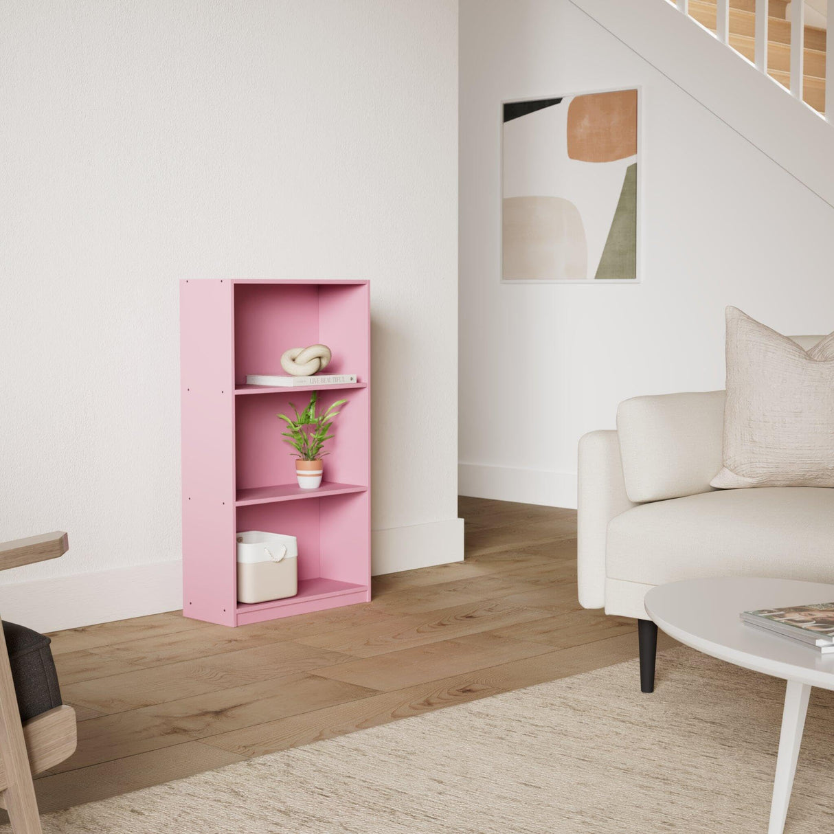 Furinno BASIC Book Shelf, 3-Tier Modern Bookshelf, Bookcase with Open Shelves, 9.3" x 21.8" x 39.5", for Living Room, Bedroom, Home Office, Pink Furinno