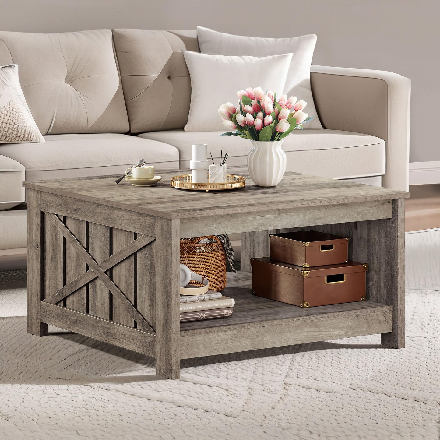 DWVO Square Coffee Table for Living Room Farmhouse Coffee Table with Storage,2-Tier Wood Center Table with Half Open Storage Compartment, Rustic Grey - WoodArtSupply