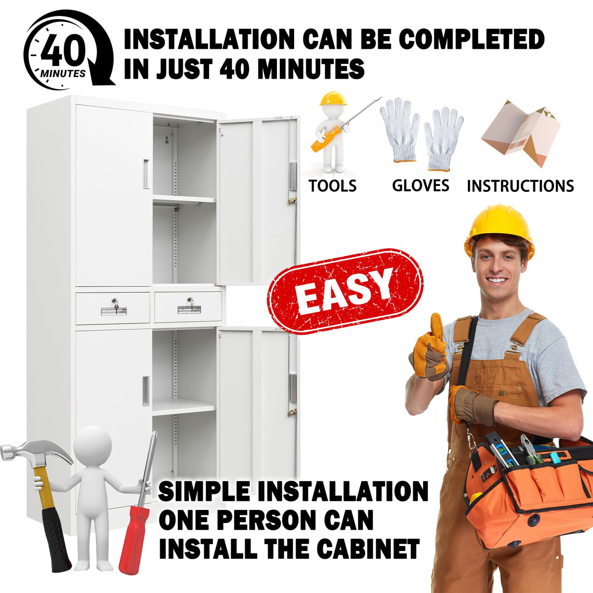 Metal Storage Cabinet，71" Garage Storage Cabinet with 2 Locking Drawer and 4 Adjustable Shelves ，Black Tool Cabinet，Lockable File Steel Cabinet for Home, Office, Gym, School. TaskStorz