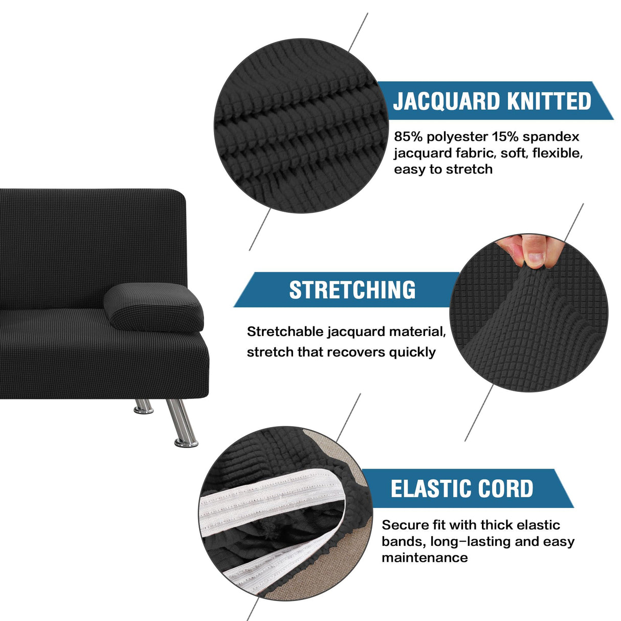 H.VERSAILTEX 4 Pieces Stretch Futon Covers Sofa Bed Slipcover with Removable Armrests and Cupholders Covers Furniture Protector High Spandex Small Checks Jacquard Fabric, Black H.VERSAILTEX