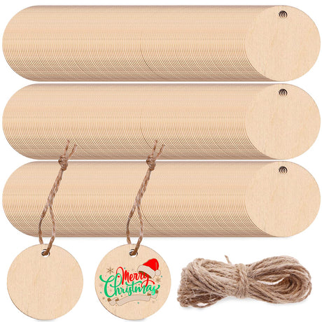 200 Pcs Unfinished Wood Pieces, Round Wooden Cutout Wooden Gift Tags Blank Wood Tags Name Tags Labels with 65.6Ft Jute Rope for DIY Craft Projects Home Christmas Festival Decoration (Round) Lainrrew