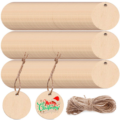200 Pcs Unfinished Wood Pieces, Round Wooden Cutout Wooden Gift Tags Blank Wood Tags Name Tags Labels with 65.6Ft Jute Rope for DIY Craft Projects Home Christmas Festival Decoration (Round)