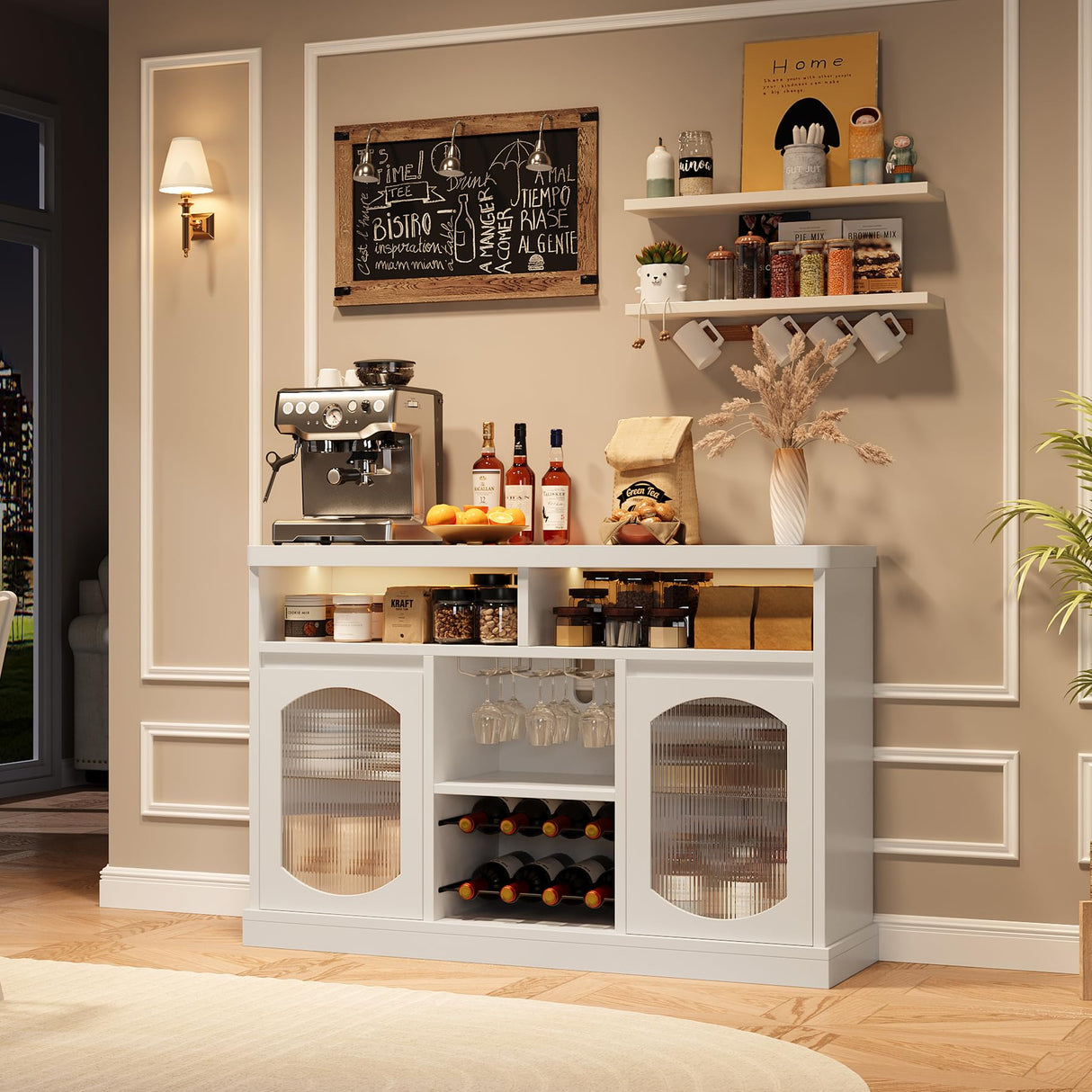 Wine Bar Cabinet with LED Light - 47" Liquor Storage Cabinet with Wine Rack and Glass Hanger Coffee Bar Cabinet with Adjustable Shelves Bar Cabinet with Glass Doors for Kitchen Dining Living Room ElfinAura