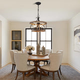 Dawn Whisper Farmhouse Chandelier, 15.7" Rustic Drum Chandelier Light Fixture Over Table, 5-Light Candle Wood Chandelier for Dining Room, Kitchen Dawn Whisper