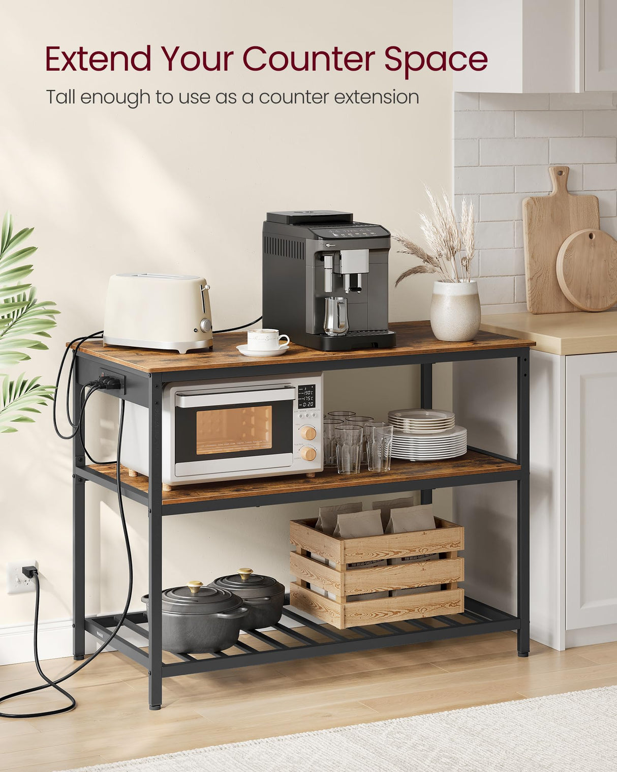 VASAGLE Kitchen Island with 3 Shelves, 47.2 Inches Width Kitchen Shelf with Power Strip, Large Worktop, Stable Steel Structure, Industrial, Easy to Assemble, Rustic Brown and Black UKKI101K01 VASAGLE