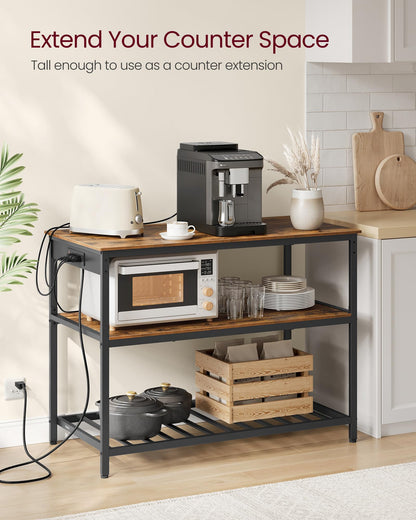 VASAGLE Kitchen Island with 3 Shelves, 47.2 Inches Width Kitchen Shelf with Power Strip, Large Worktop, Stable Steel Structure, Industrial, Easy to Assemble, Rustic Brown and Black UKKI101K01