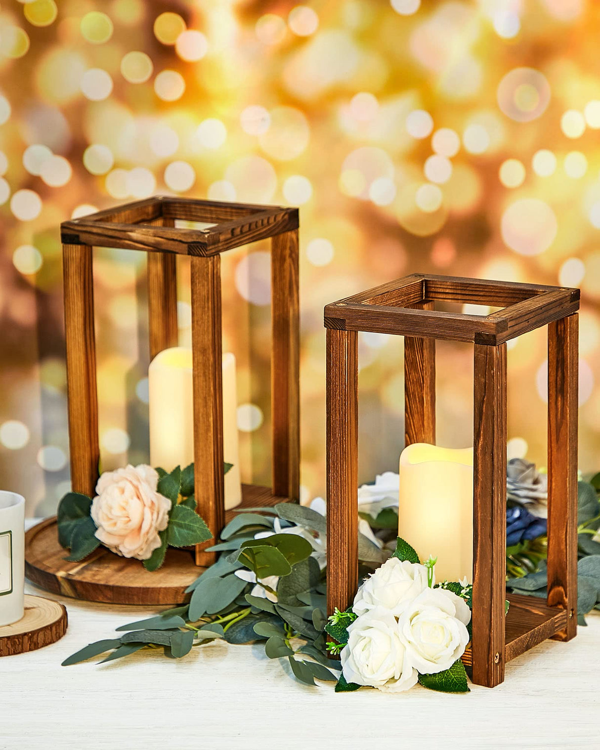 Huquary 32 Pcs Wooden Candle Lantern Bulk Wedding Lantern Centerpiece includes 16 Farmhouse Wooden Candle Holder and 16 Flameless Decorative LED Candles for Wedding Country Table Decoration Huquary