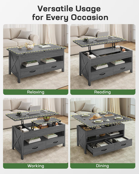 Marsail Lift-Top Coffee Table, 4-in-1 Multi-Functional Center Table with Hidden Compartment, 2 Drawers & Open Shelf, Adjustable Height for Living Room Office, Gray Marsail
