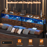 Aheaplus Rustic Brown King Size Headboard with USB Ports, LED Lights, and Storage Solutions Aheaplus