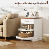 IRONCK Farmhouse Nightstand with Charging Station, Wooden Nightstands with Drawers, Bedside Table with Adjustable Storage Shelves for Bedroom, White IRONCK