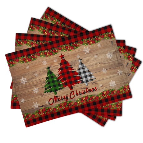 Merry Christmas Placemats Set of 4 18" x 12", Winter Xmas Tree Snowflake Red Plaid Table Mats Heat-Resisting Non Slip Reversible Burlap Coffee Place Mats for Party Dining Table Kitchen Decor Sweetshow