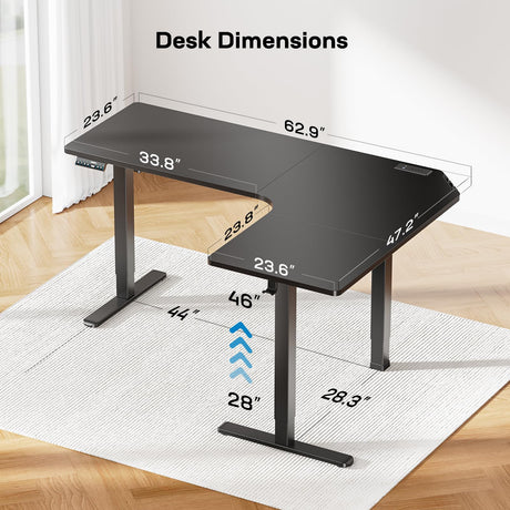 HUANUO 63″ Dual Motor L-Shaped Standing Desk, Built-in Power Outlets, Electric Height Adjustable Corner Computer Desk, Large Power Strip Holder, Sit Stand Up Desk with 3 Preset Heights, Black HUANUO