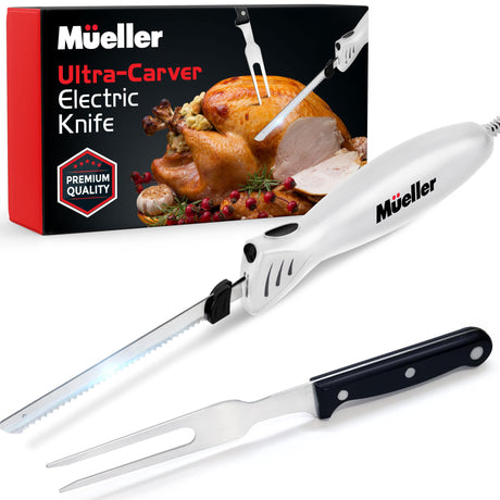 Mueller Ultra-Carver Electric Knife for Carving Meats, Poultry, Bread, Crafting Foam. Stainless Steel Blades, Powerful Motor, Ergonomic Handle, One-Touch On/Off Button, Serving Fork Included, White Mueller