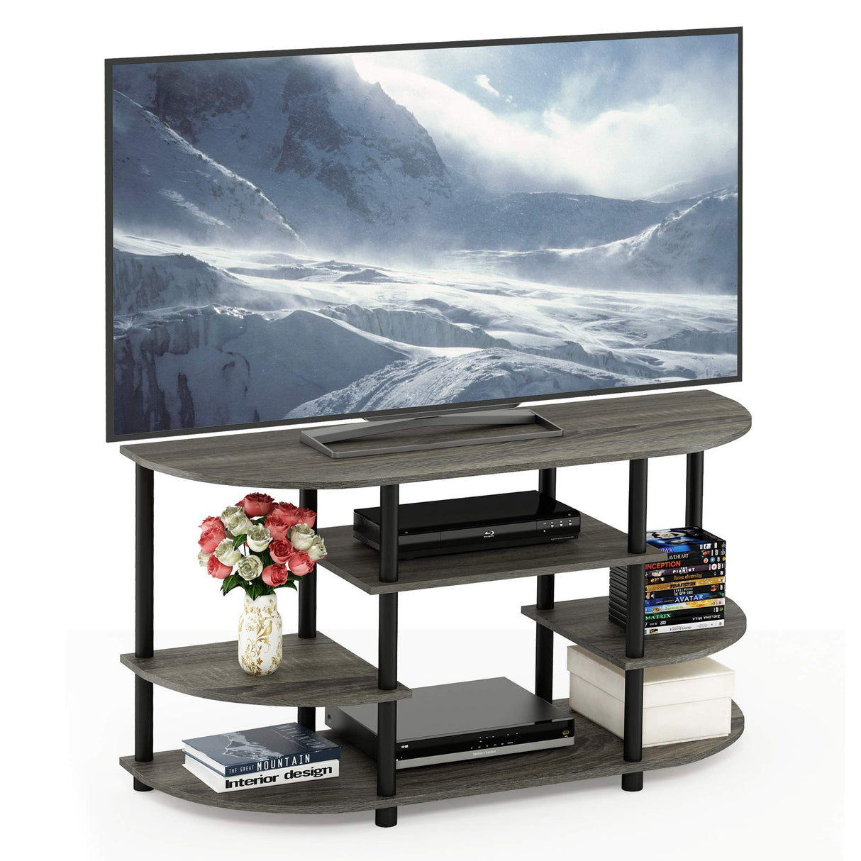 Furinno JAYA Simple Design Corner TV Stand, French Oak Grey/Black, 42.04 x 22.75 x 15.55 Inches Furinno