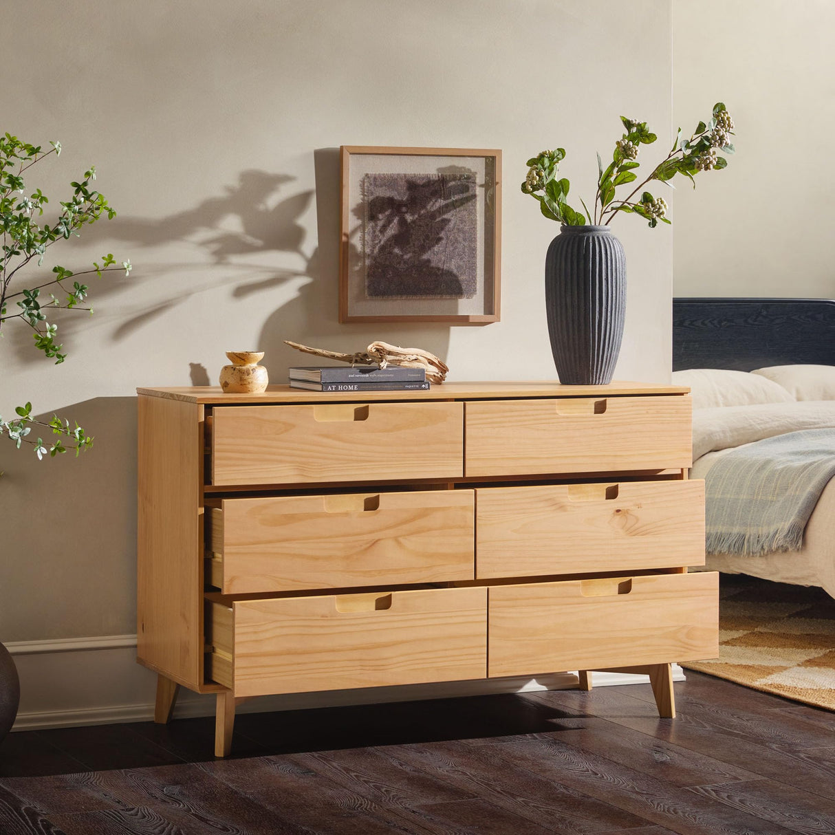 Walker Edison Mid-Century Modern Grooved Handle Wood 6-Drawer Dresser, 52 Inch, Natural Pine Walker Edision