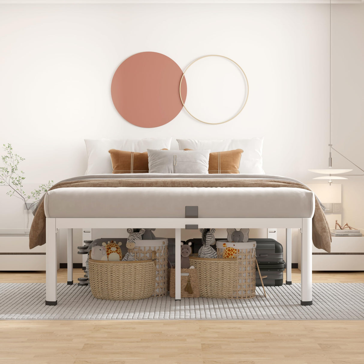 ROIL 14 Inch White Queen Bed Frame with Rounded Corner and Headboard Hole Mattress Retainers 3500LBS Heavy Duty Steel Slats No Box Spring Needed Platform Noise-Free Easy Assembly ROIL