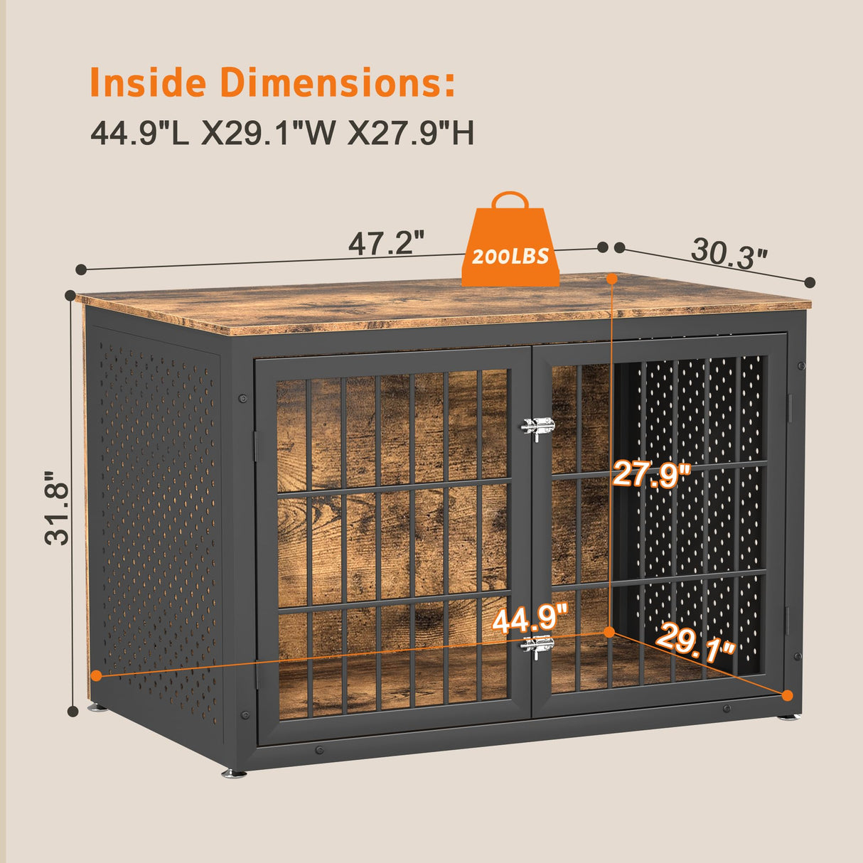 rehomerance Rustic Heavy Duty Dog Crate Furniture for Extra Large Dogs, 48" Indestructible Metal Kennel for High Anxiety Dogs, Wooden Cage Kennel Furniture Indoor, Decorative Dog Kennel End Table, XL rehomerance