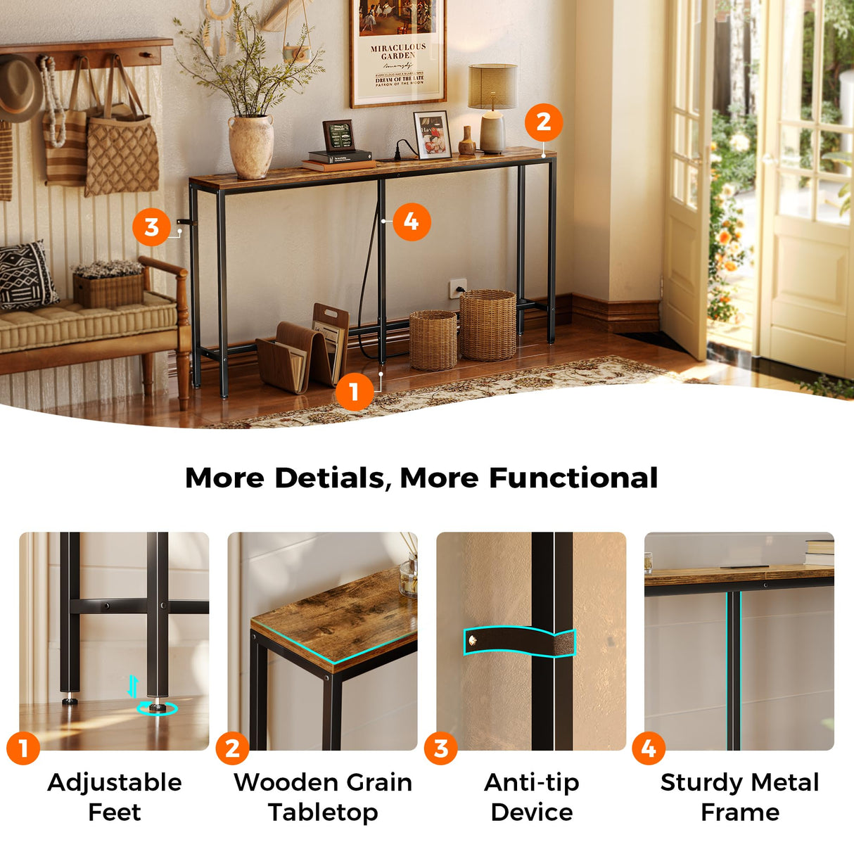 SUPERJARE Console Table with Outlet, 63 Inch Sofa Table with Charging Station, Narrow Entryway Table, Skinny Hallway Table, Behind Couch Table, for Living Room, Plants - Rustic Brown SUPERJARE