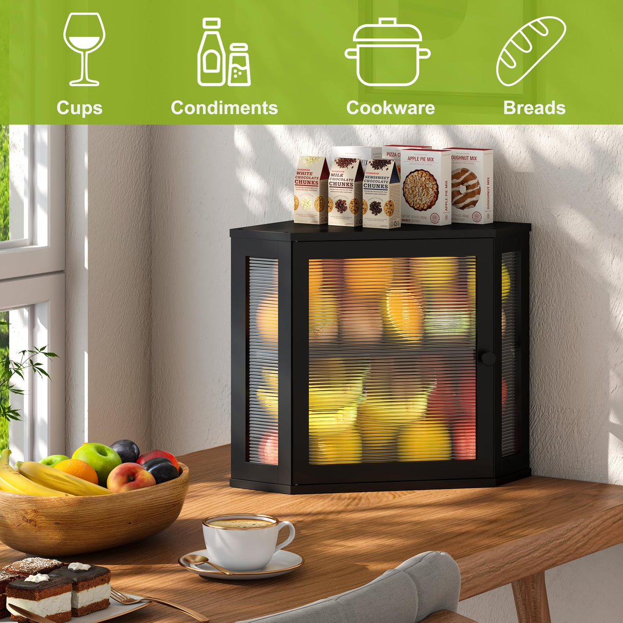 BMOSU Corner Bread Box for Kitchen Countertop Double Layer Bamboo Wooden Bread box Large Capacity Bread Storage Bin(Black, Medium) BMOSU