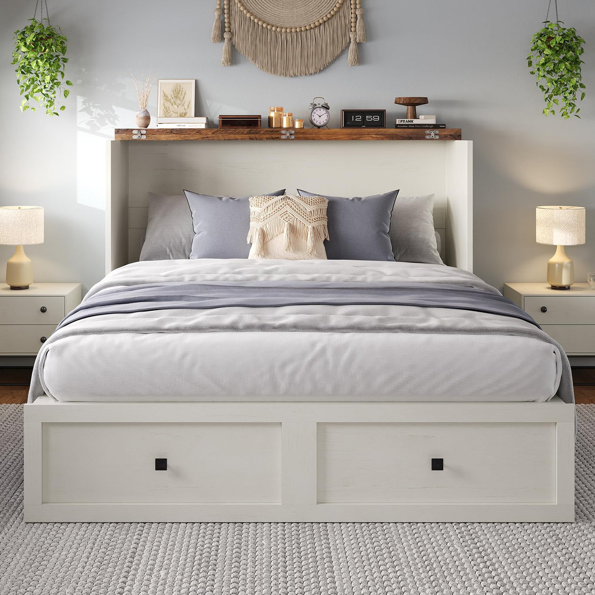 LUXOAK Full Size Murphy Bed with Charging Station, Cabinet Bed with Large Storage Drawer for Home Office or Small Room, Full Foldable Platform Bed, White LUXOAK