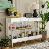 Homsee Storage Cabinet with 3-Color LED Lights, Glass Shelves & 4 Compartments, Sideboard Buffet Cabinet with Solid Legs, Modern Wood Display Cabinet for Living Room, Bedroom & Hallway, White Homsee