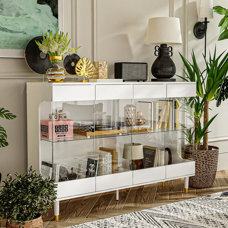 Homsee Storage Cabinet with 3-Color LED Lights, Glass Shelves & 4 Compartments, Sideboard Buffet Cabinet with Solid Legs, Modern Wood Display Cabinet for Living Room, Bedroom & Hallway, White Homsee