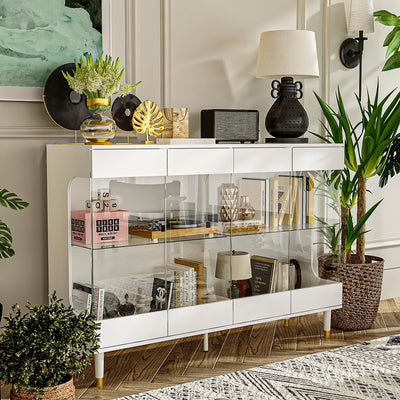 Homsee Storage Cabinet with 3-Color LED Lights, Glass Shelves & 4 Compartments, Sideboard Buffet Cabinet with Solid Legs, Modern Wood Display Cabinet for Living Room, Bedroom & Hallway, White