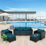 Rattaner Patio Furniture Set 5-Piece Outdoor Furniture Sets Patio Couch Outdoor Chairs Patio Ottomans with Anti-Slip Cushions and Waterproof Covers, Peacock Blue Rattaner