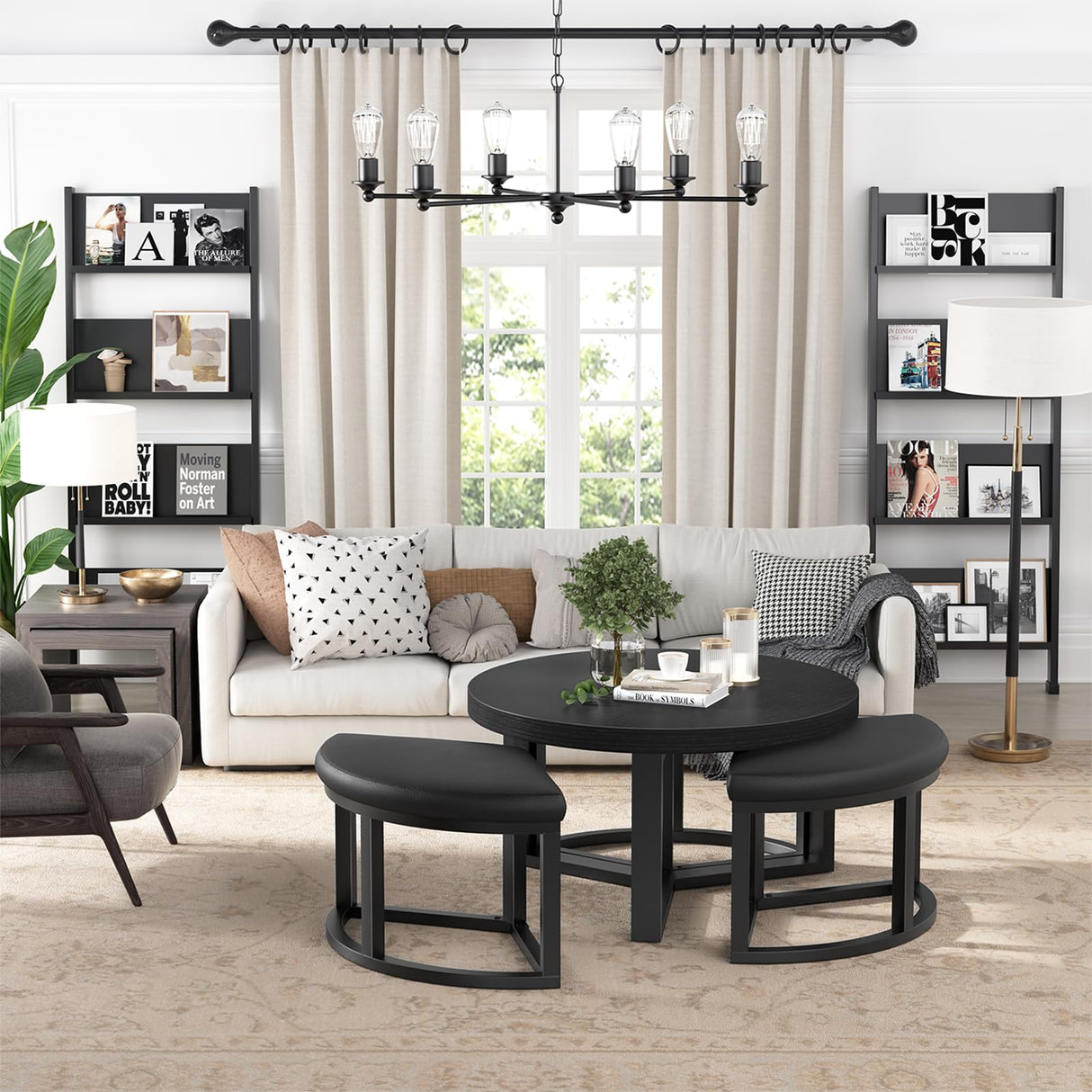 IGERI Round Coffee Table with Stools Underneath - 30 Inch Small Modern Tables Set with 3 Chairs Ottomans Seating Seats Black Wood IGERI