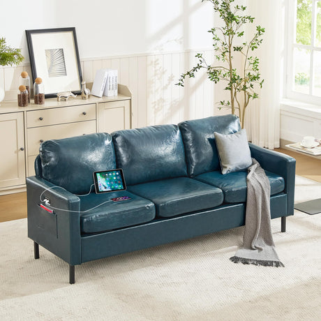 STHOUYN 73" W Faux Leather Couch w/ 2 USB, Leather Sofa w/Side Pockets, Wooden Frame 3 Seat Couch for Livingroom, Office, Apartment (Blue, 3 Seater) STHOUYN