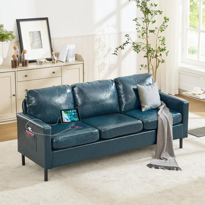STHOUYN 73" W Faux Leather Couch w/ 2 USB, Leather Sofa w/Side Pockets, Wooden Frame 3 Seat Couch for Livingroom, Office, Apartment (Blue, 3 Seater)