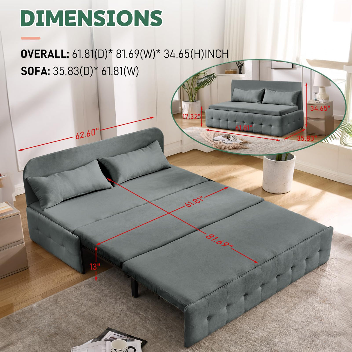 HOMNSO Convertible Queen Sleeper Sofa Bed,2-in-1 Futon Sofa Bed,Loveseat Sleeper Sofa Couch with pullout Bed for Living Room, Bedroom, Balcony, RV, Dark Gray HOMNSO