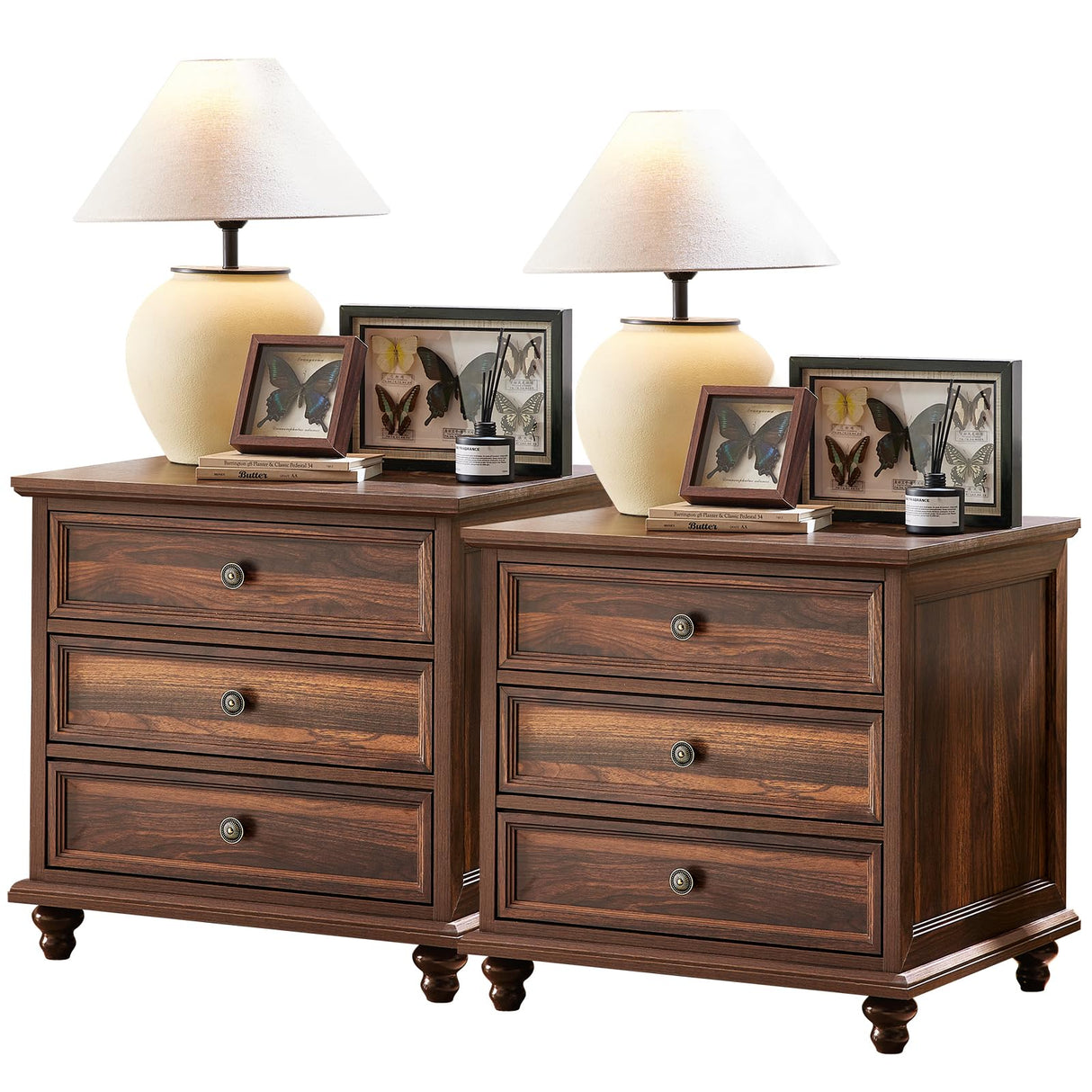 Joaxswe 24" Wide Farmhouse Night Stand Set of 2,Large End Table with 3 Drawers & Metal Handle,Brown Wood Dresser for Bedroom Cabinet, Bed Side Table Chest of Drawers,Nightstand for Living Room,Closet Joaxswe