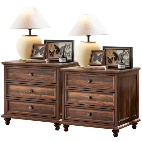 Joaxswe 24" Wide Farmhouse Night Stand Set of 2,Large End Table with 3 Drawers & Metal Handle,Brown Wood Dresser for Bedroom Cabinet, Bed Side Table Chest of Drawers,Nightstand for Living Room,Closet Joaxswe