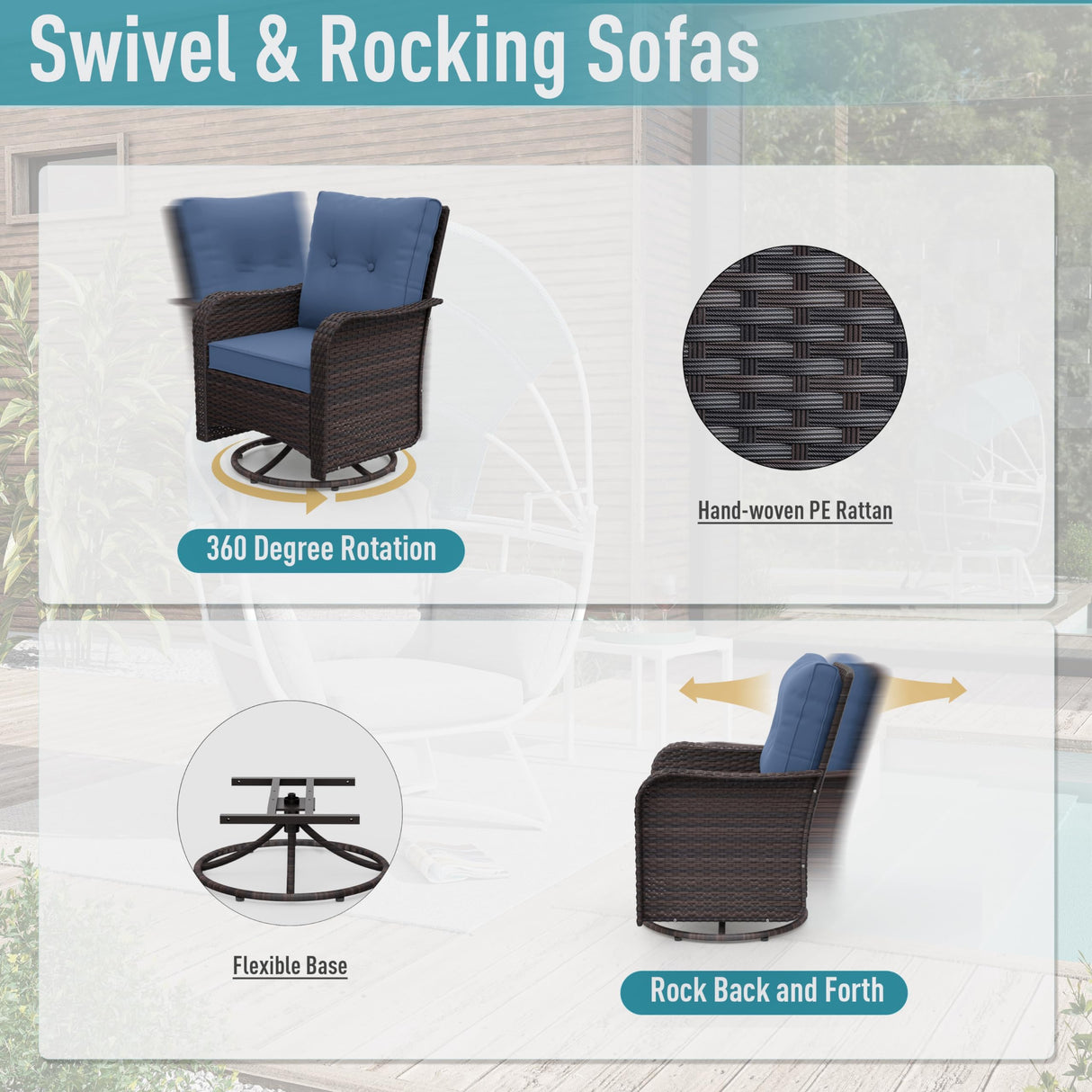 ALAULM 10 Pieces Patio Furniture Set with 2 Swivel Chairs Wicker Patio Conversation Set, Outdoor Sectional Furniture w/Coffee Table & Washable Seat Cushions-Dark Blue ALAULM