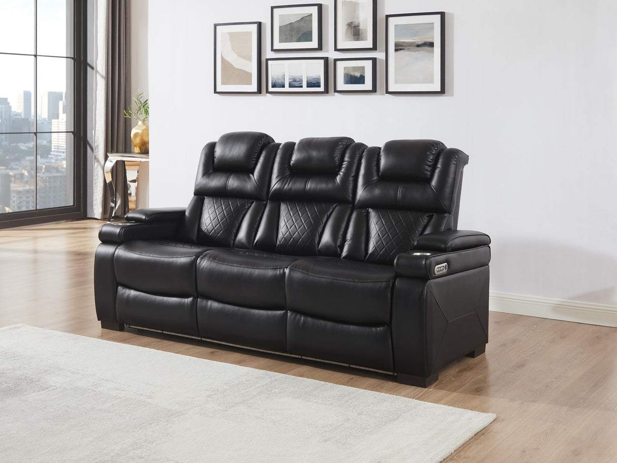 THSUPER Power Breathable Leather Reclining Sofa with LED Light, Home Theater Seating Recliner Couch with Adjustable Headrest/Reading Light/USB Port/Storage Arm/Drop Down Table for Living Room, Black THSUPER